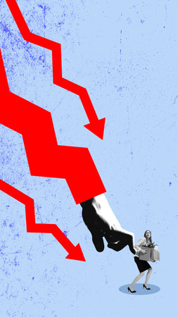 Job loss due to economic crisis. Red downward graph and hand push woman holding box away, symbolizing layoffs and recessionの写真素材
