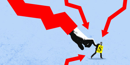 Businessman walking with dollar sign, red arrow hand grabs his back symbolizing control by economic...