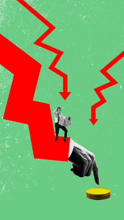 Businessman stands on red arrow holding box of belongings while finger points at stack of coins. Job loss, unemployment.の写真素材