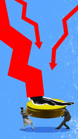 Figures try to support coin stacks under a crushing hand and falling red graph. Represents the collective burden of financial and global crisis.の写真素材
