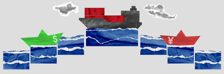 Cargo ship sails between dollar and yuan symbols across ocean, symbolizing Panama Canal bottleneck slowing global trade between China and USA.の写真素材