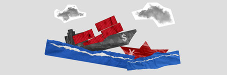 Container ship marked with dollar sign dominating on ship with yen in blue waters. Disruption, instabilityの写真素材