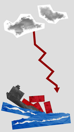 Storm clouds strike cargo ship with red arrow, containers fall, showing economic shock and maritime instability from Panama Canal conflict.の写真素材