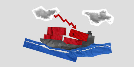 Cargo ship on waves under red arrow, indicating rising costs and delays due to Panama Canal capacity...