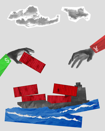 Dollar and yuan hands move containers over cargo ship, symbolizing struggle for control in global trade influenced by Panama Canal.の写真素材