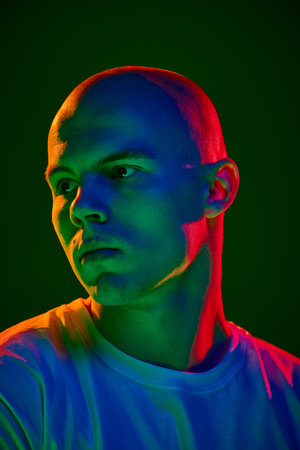 Young handsome bald man in white t-shirt, looking to left with serious expression on dark green background in multi-colored neonの写真素材