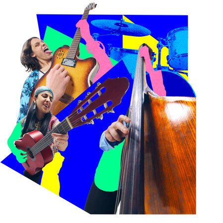 Caught in rhythm. Musicians performing with guitar, double bass, and drums over abstract geometric...