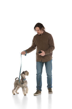 Smart, purebred dog, Miniature Schnauzer calmly sitting next to man, following commands during walk isolated on white background.の写真素材
