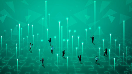 Business users navigating field of light beams and puzzle-shaped connections visualizing data transmission.の写真素材