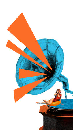 Woman in swimsuit floats on inflatable ring in giant horn playing against white background. Grainy effect.の写真素材