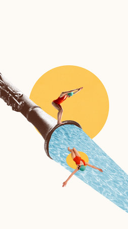 Same model, woman in swimsuit dive into and out of water flowing from giant flute under abstract sunの写真素材