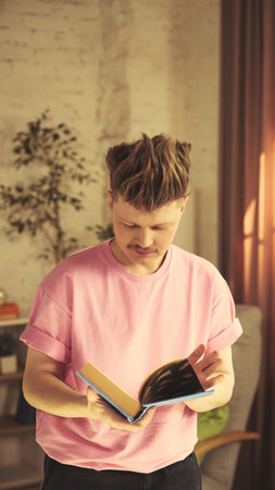 Young man in pink shirt stands indoors and reading book with smiling expressionの写真素材