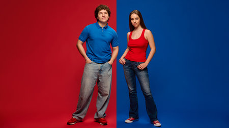 Full-length of young man and woman, couple standing confidently in matching red blue outfits with relaxed expressions against vivid red blue background.の写真素材