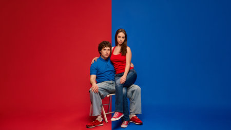 Neutral young man and woman, couple seated together on stool, looking at camera against vivid red and blue backgroundの写真素材