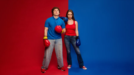 Confident young man and woman, couple wearing boxing gloves and posing powerfully, against vivid red and blue backgroundの写真素材