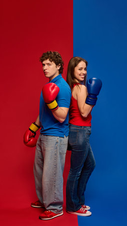 Smiling young man and woman, couple wearing boxing gloves and standing back-to-back, looking at the cameraの写真素材