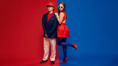 Serious young man and woman, couple in golf-inspired outfits posing confidently, looking at the cameraの写真素材