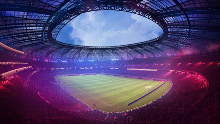 3D render. Large stadium with open circular roof and clear blue sky above vibrant football field surrounded by fans.の写真素材