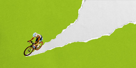 Female triathlete on road bike races over ripped white trail on green background. Textured collage.の写真素材