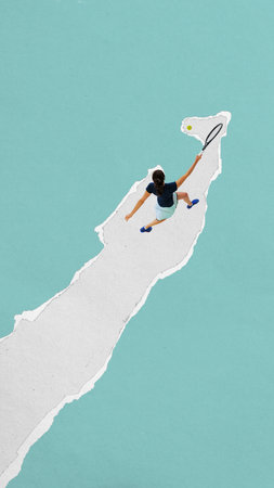 Female tennis player swings racket striking yellow ball on torn path over blue surface. Contemporary collage. Concept of sport, game, competition, technique, accuracyの写真素材