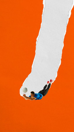 Volleyball player dives toward ball on ripped white trail over orange background. Paper collage style.の写真素材