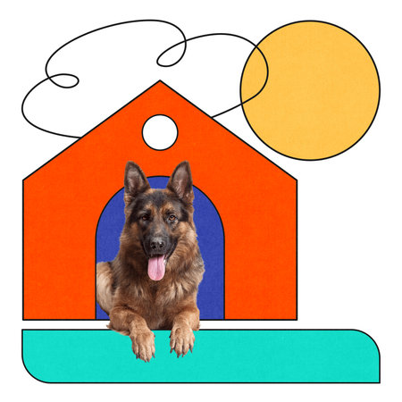 Relaxed German shepherd poses in front of stylized red doghouse with sun and decorative swirls in vivid geometric collage designの写真素材