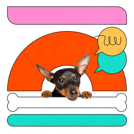 Curious small dog peeks out from vibrant red tunnel with bones and chat icons in minimalist bold collage styleの写真素材