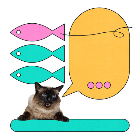 Siamese cat with open mouth framed by graphic speech bubble and fish icons in bold surreal collage poster.の写真素材