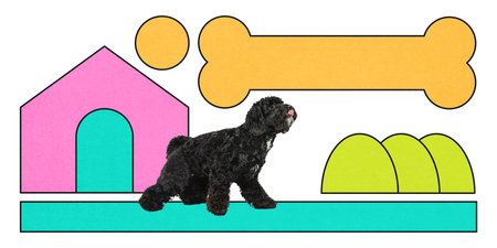 Curly black dog walks past pink doghouse with giant bone icon and playful landscape elements in colorful collage layout.の写真素材