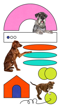Three playful dogs interact with UI-style shapes and colorful elements in surreal layout resembling website interfaceの写真素材