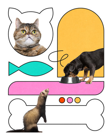Tabby cat, ferret and dog interact with bones, bowl, and fish icon in stylized pink-orange layout.の写真素材