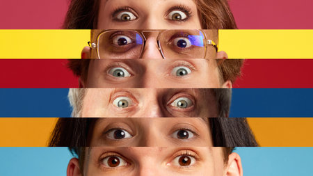 Striped vibrant collage of diverse human eyes, gazes showing surprise and curiosity against multicolored gradient backgrounds.の写真素材