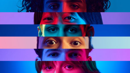 Collage. Close-up image of diverse human eyes isolated on colored neon backgrounds. Multicolored stripesの写真素材