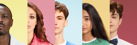 Collage of diverse half faces of people with calm emotions against colored backgrounds. Various ethnicities, genders and ages.の写真素材