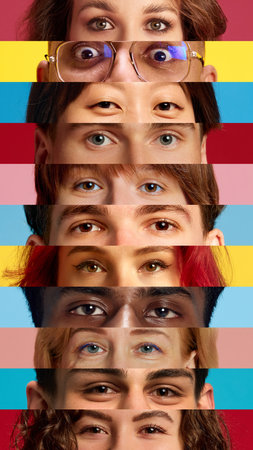 Vertical striped collage of diverse human eyes against multicolored backgrounds. Varied eye colors and expressions visible.の写真素材
