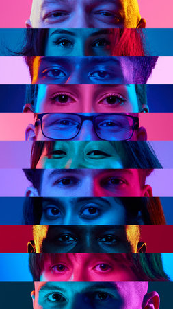 Vertical striped collage of diverse human eyes under neon light against multicolored backgrounds.の写真素材