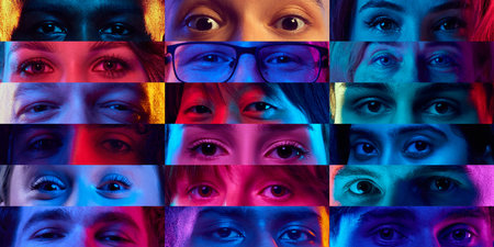 Grid collage of numerous diverse human eyes under neon light. Varied expressions and eye colors are visibleの写真素材