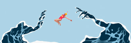 Woman in pink and yellow swimsuit jumping into water between two approaching waves shaped like hands. Contemporary art collage.の写真素材