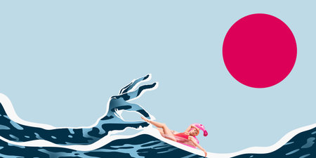 Woman in pink swimsuit and swim cap relaxing on inflatable flamingo on wave shaped like hand, with large pink sun in background.の写真素材