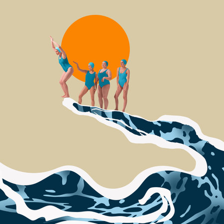 Group of women in blue swimsuits and swim caps stand and pose on wave shaped like hand, with large orange sun in background.の写真素材