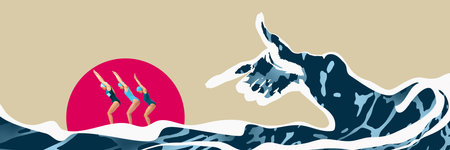 Three women in blue and pink swimsuits and swim caps pose on wave shaped like hand diving into water with pink sun in backgroundの写真素材