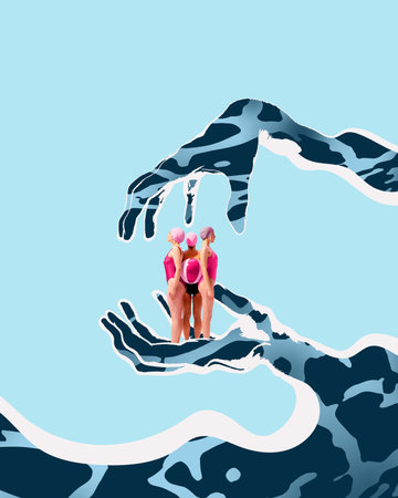 Three women in pink and black swimsuits and swim caps standing between two waves shaped like hands. Contemporary art collage.の写真素材