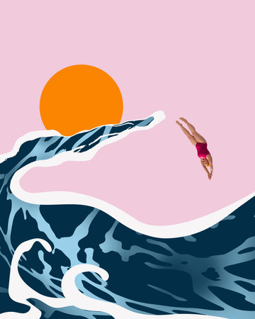 Woman in red swimsuit dives into wave shaped like hand, against pink background with large orange sun. Contemporary art collageの写真素材