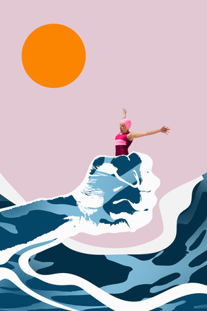 Woman in pink and burgundy swimsuit and swim cap swimming on wave shaped like fist, against pink background with large orange sunの写真素材