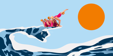 Group of women in pink swimsuits and orange swim caps line up along a wave shaped like arm, with one woman diving off the endの写真素材