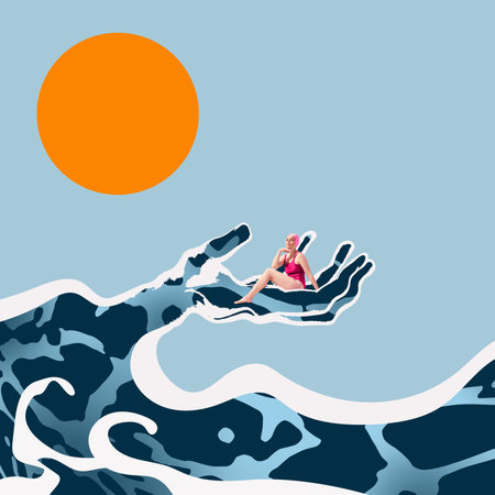 Woman in pink swimsuit and swim cap sitting and relaxing on wave shaped like hand, with large orange sun in background.の写真素材