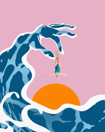 Woman in blue swimsuit and swim cap diving downwards, seemingly held by wave shaped like hand, against pink background. Contemporary art collage.の写真素材