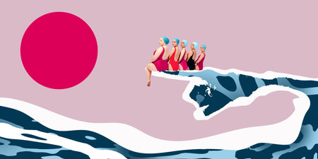 Group of women in red and black swimsuits and blue swim caps sit along wave shaped like arm, with large pink sun in backgroundの写真素材