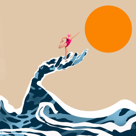 Woman in pink swimsuit and swim cap standing in dynamic pose on wave shaped like hand, reaching towards large orange sun. Contemporary art collageの写真素材