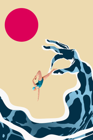 Woman in blue swimsuit and swim diving from wave shaped like hand against yellow background with large pink sun. Contemporary art collageの写真素材
